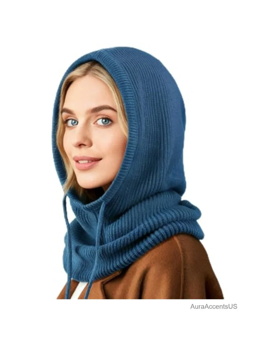 Knit Balaclava Hooded Scarf Hat Drawstring Winter Beanie